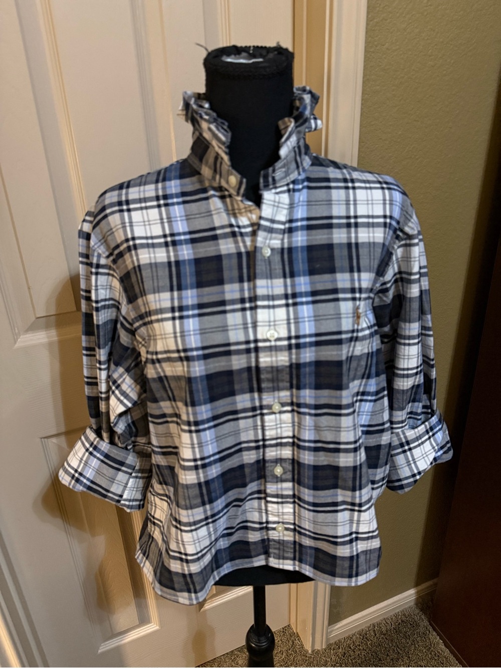 Upcycled Ralph Lauren Classic Blue and White Plaid Button-Down Shirt